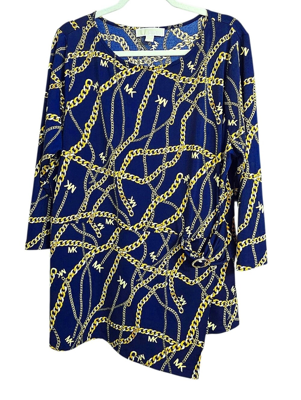 Michael Kors Chain Print Midnight Blue Twist Front Asymmetrical 3/4 Sleeve Top